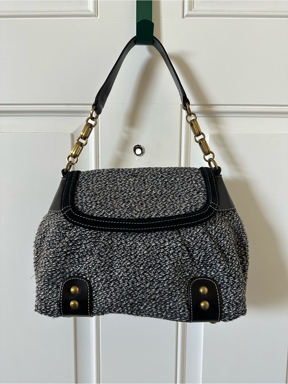 Fossil Black and Gray Tweed Shoulder Bag with Brass Chain Accents